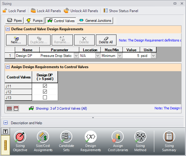 The Design Requirements panel defined for the Control Valves. 